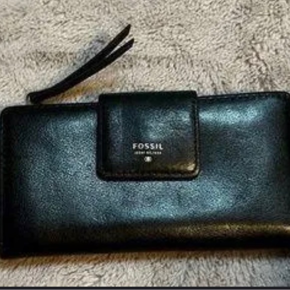 Fossil Black Bi-fold Snap Closure Zipper Picket Leather Wallet - Picture 1 of 4